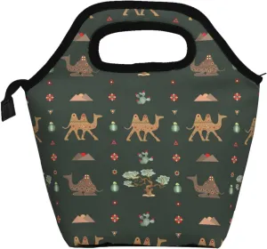 camels desert vegetation and geometric dark Insulated Lunch box Food Bag Handbag lunchbox Cooler warm Pouch Tote bag