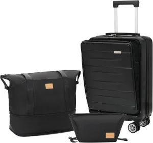 Carry On Luggage Set 3 Piece Hard Shell Suitcases Front Opening with TSA Lock Spinner Wheels (Black, 3 piece set)