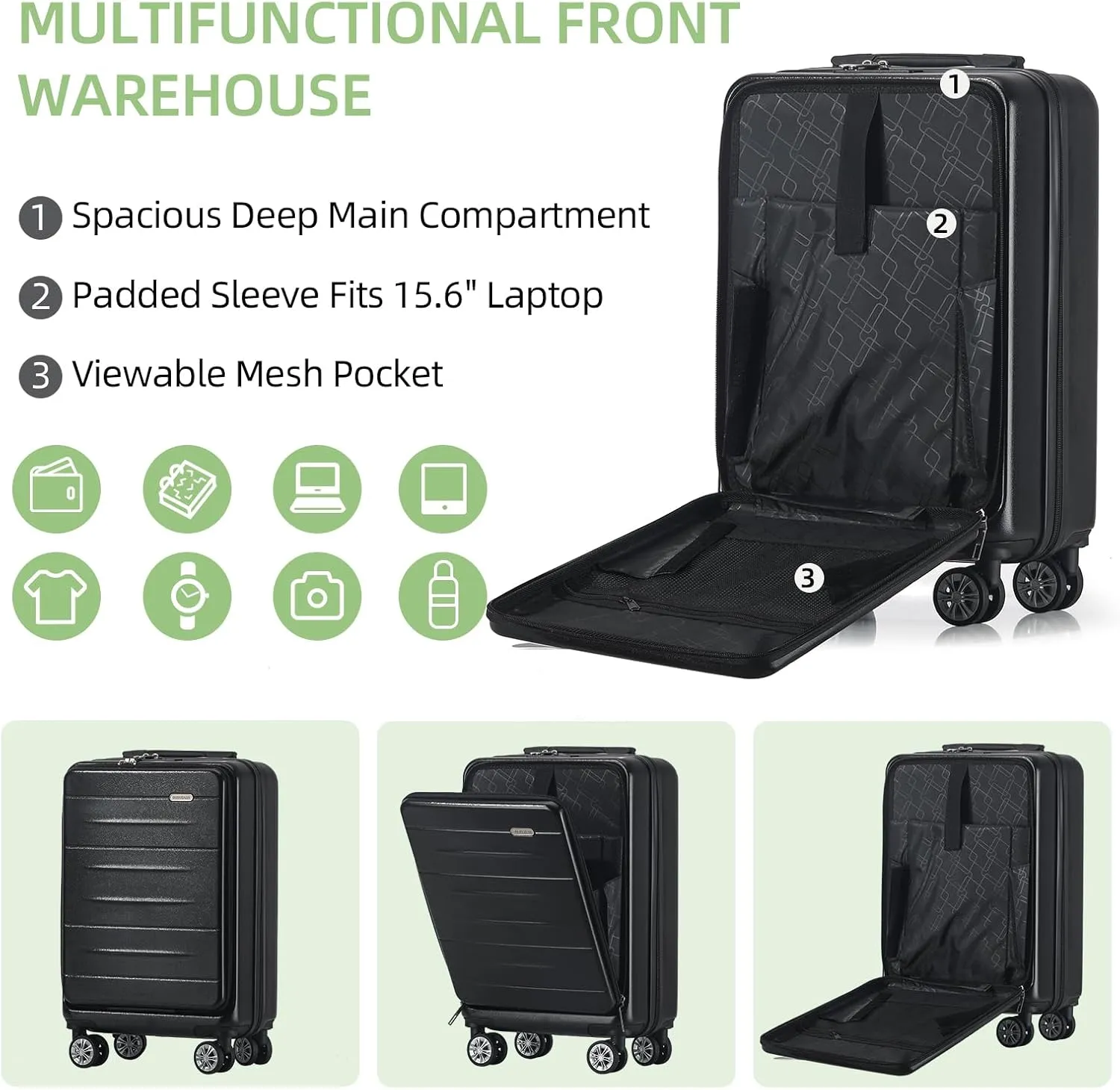 Carry On Luggage Set 3 Piece Hard Shell Suitcases Front Opening with TSA Lock Spinner Wheels (Black, 3 piece set)
