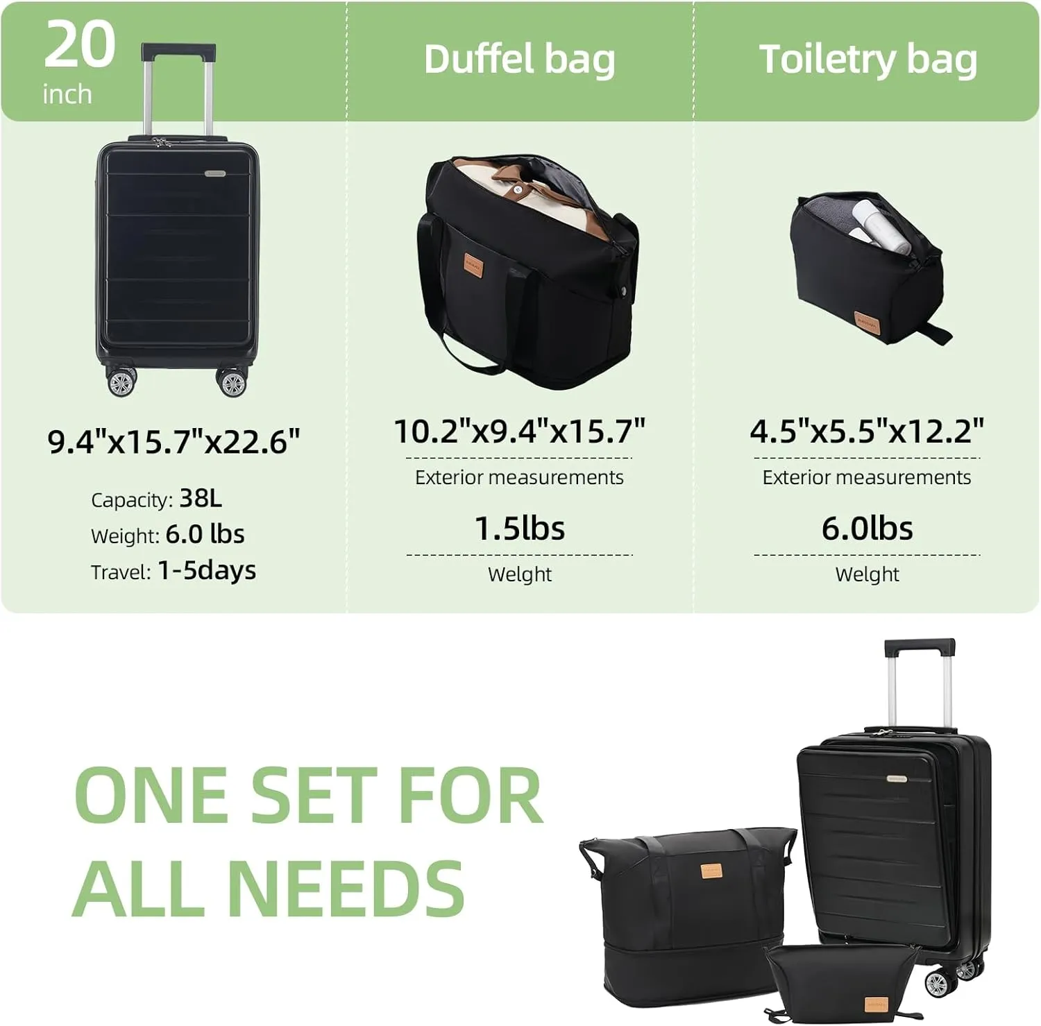 Carry On Luggage Set 3 Piece Hard Shell Suitcases Front Opening with TSA Lock Spinner Wheels (Black, 3 piece set)