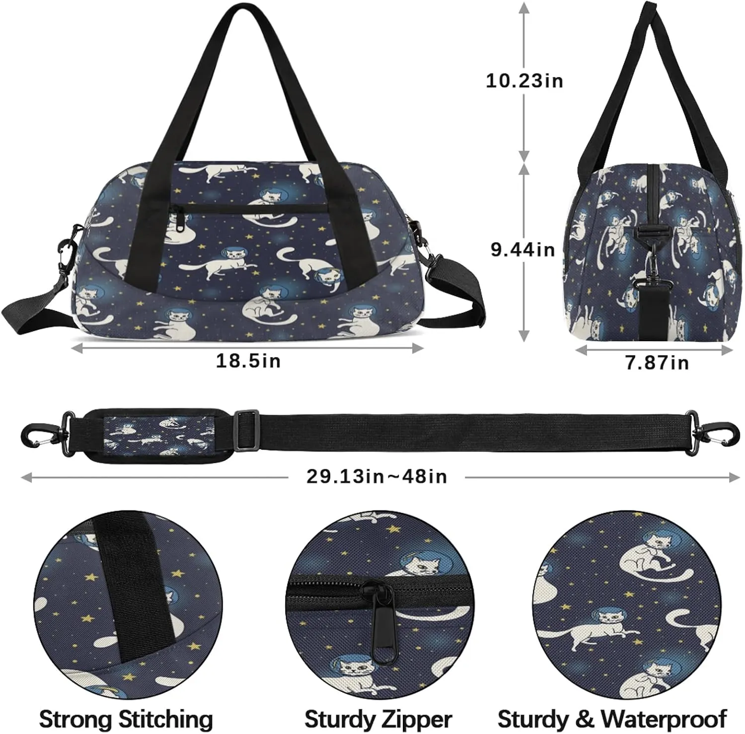 Cat Pattern Kids Duffel Bag Lightweight Waterproof Sports Gym Bag with Front Zipper Pocket Foldable Weekender Overnight Bag for School Practice Gymnastic Ballet