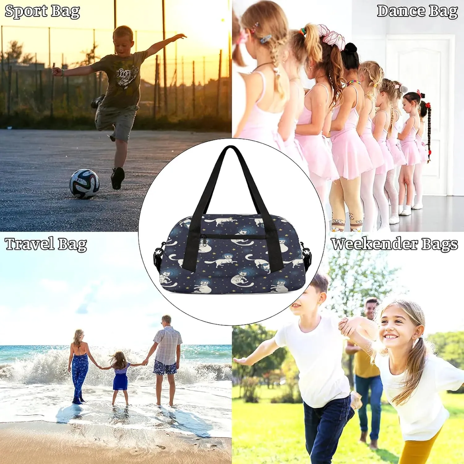 Cat Pattern Kids Duffel Bag Lightweight Waterproof Sports Gym Bag with Front Zipper Pocket Foldable Weekender Overnight Bag for School Practice Gymnastic Ballet