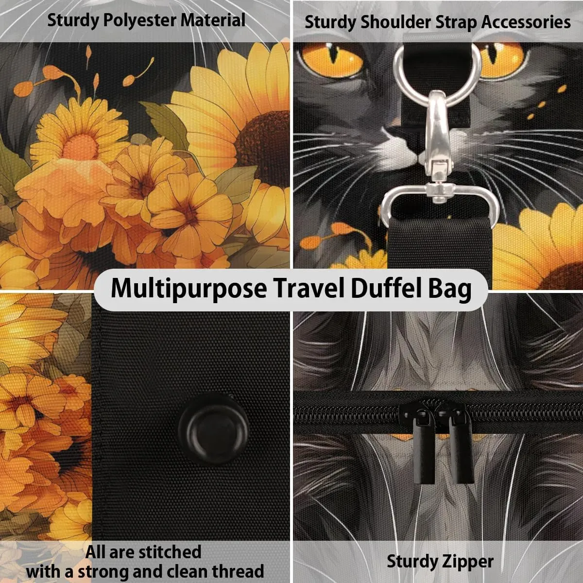 Cat Sunflowers Travel Duffel Bag for Women Men Waterproof Foldable Overnight Weekender Bag Large Capacity Sports Gym Bag