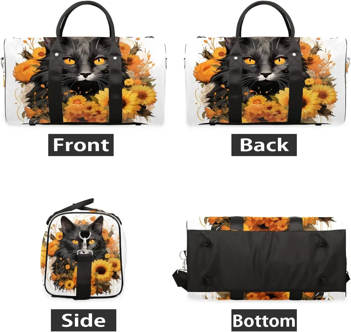 Cat Sunflowers Travel Duffel Bag for Women Men Waterproof Foldable Overnight Weekender Bag Large Capacity Sports Gym Bag