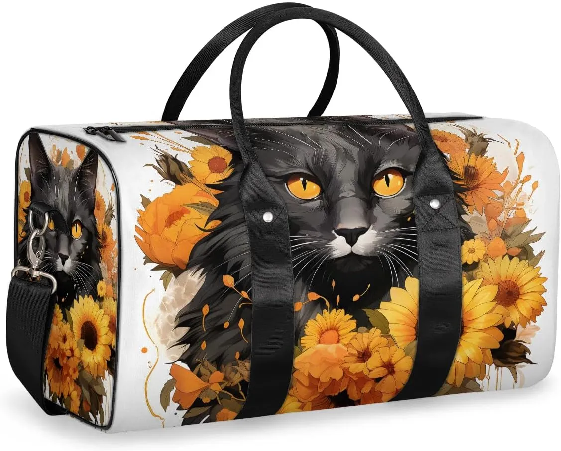 Cat Sunflowers Travel Duffel Bag for Women Men Waterproof Foldable Overnight Weekender Bag Large Capacity Sports Gym Bag