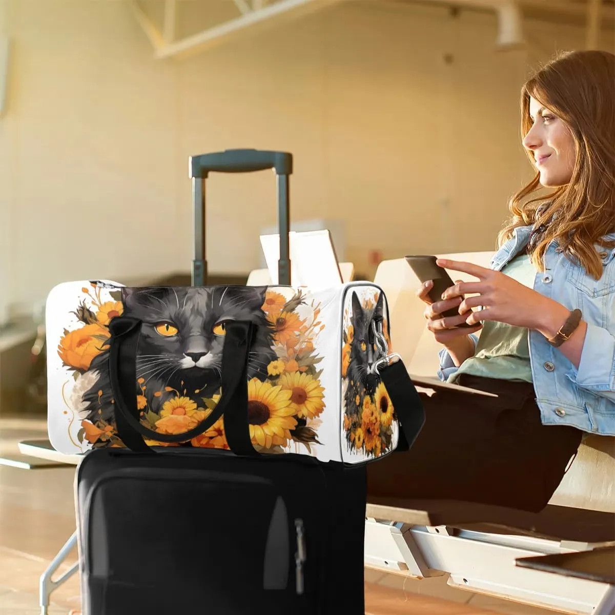 Cat Sunflowers Travel Duffel Bag for Women Men Waterproof Foldable Overnight Weekender Bag Large Capacity Sports Gym Bag