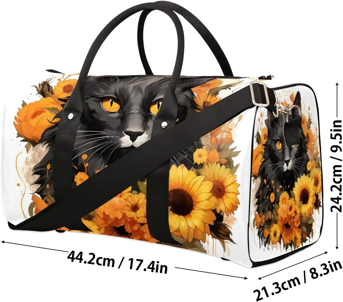 Cat Sunflowers Travel Duffel Bag for Women Men Waterproof Foldable Overnight Weekender Bag Large Capacity Sports Gym Bag
