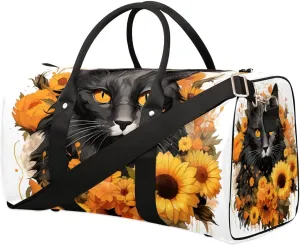 Cat Sunflowers Travel Duffel Bag for Women Men Waterproof Foldable Overnight Weekender Bag Large Capacity Sports Gym Bag