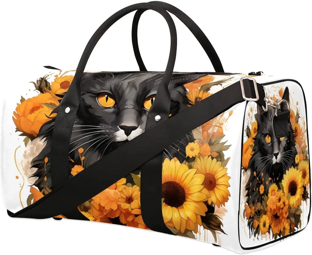 Cat Sunflowers Travel Duffel Bag for Women Men Waterproof Foldable Overnight Weekender Bag Large Capacity Sports Gym Bag