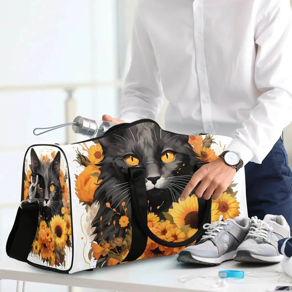 Cat Sunflowers Travel Duffel Bag for Women Men Waterproof Foldable Overnight Weekender Bag Large Capacity Sports Gym Bag