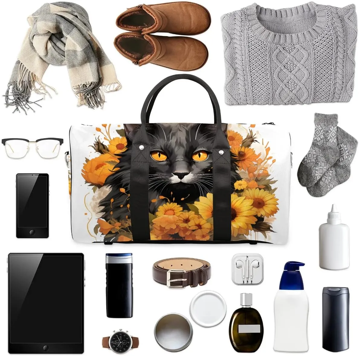 Cat Sunflowers Travel Duffel Bag for Women Men Waterproof Foldable Overnight Weekender Bag Large Capacity Sports Gym Bag
