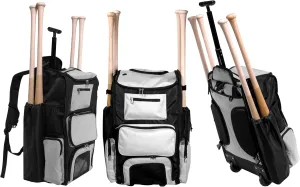 Catchers Gear Bag with Wheels - Elite Rolling Baseball Bag & Softball Bag, Spacious Catchers Bag with Shoe Compartment, Bat Sleeves, Telescopic Handle & Backpack Straps for Game-Ready Players