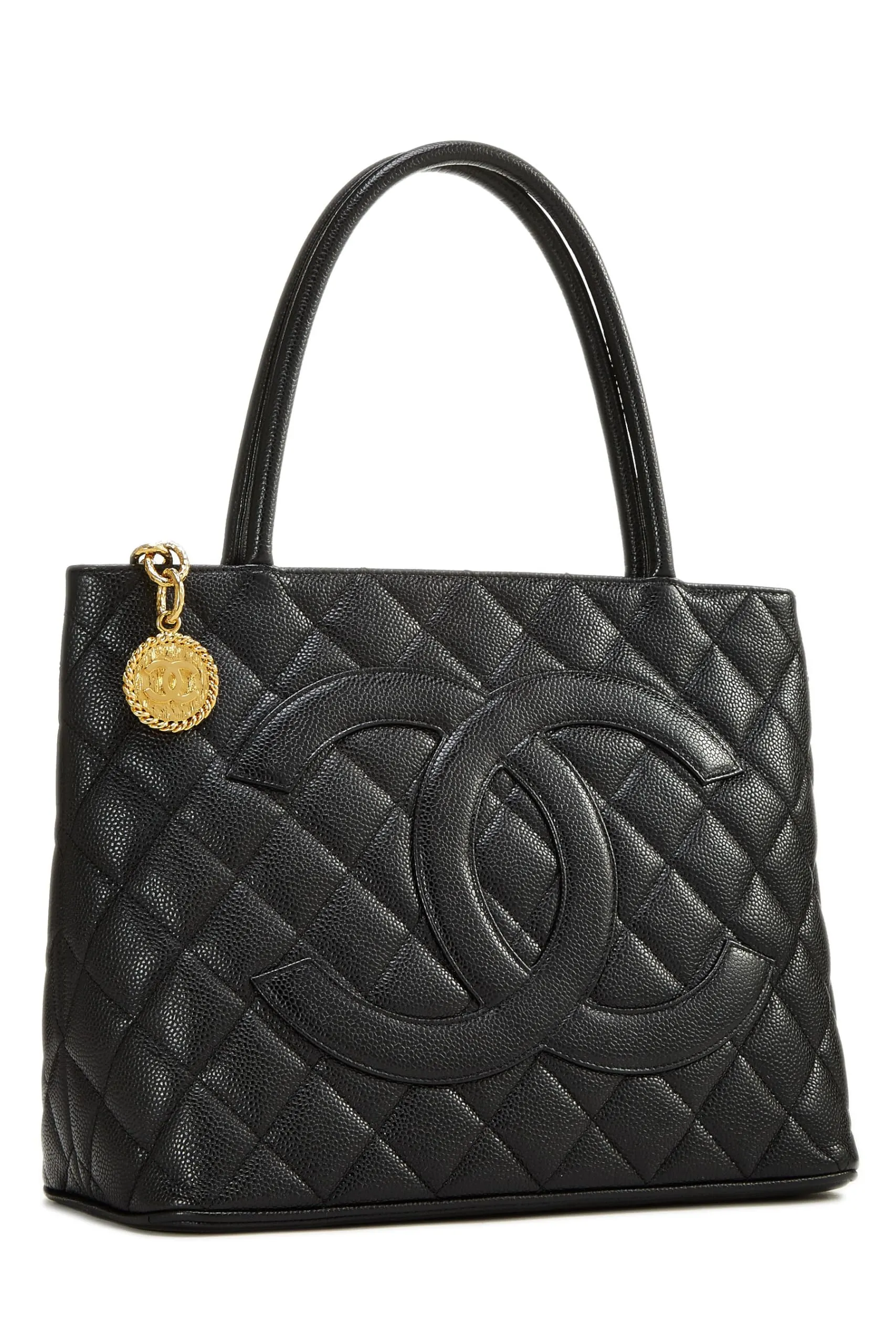 Chanel,  Black Quilted Caviar Medallion Tote, Black