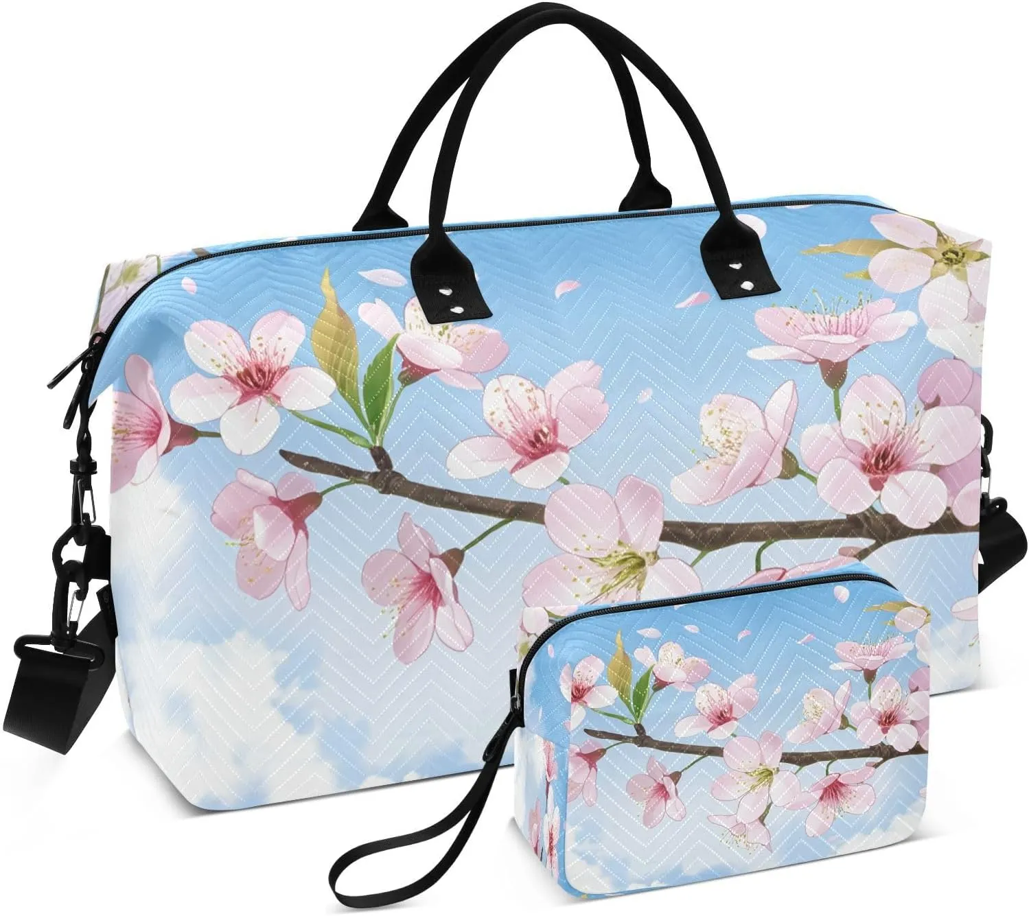 Cherry Blossoms Petals Blue Travel Duffel Bag with Toiletry Bag Weekender Bag for Carry on Sports Gym Bag for Yoga Sports Gym