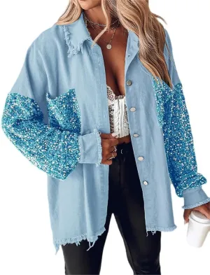 CHICME BEST SHOPPING DEALS Womens Jacket Sequin Patchwork Long Sleeve Jacket Top Button Front Oversized Denim Shacket