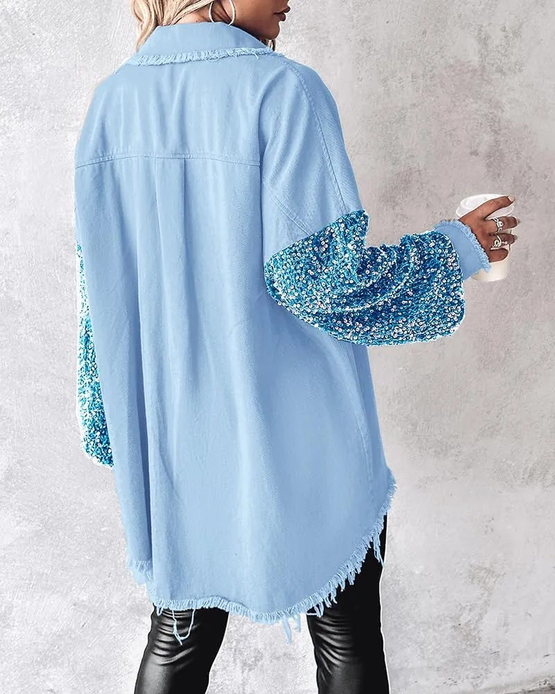 CHICME BEST SHOPPING DEALS Womens Jacket Sequin Patchwork Long Sleeve Jacket Top Button Front Oversized Denim Shacket