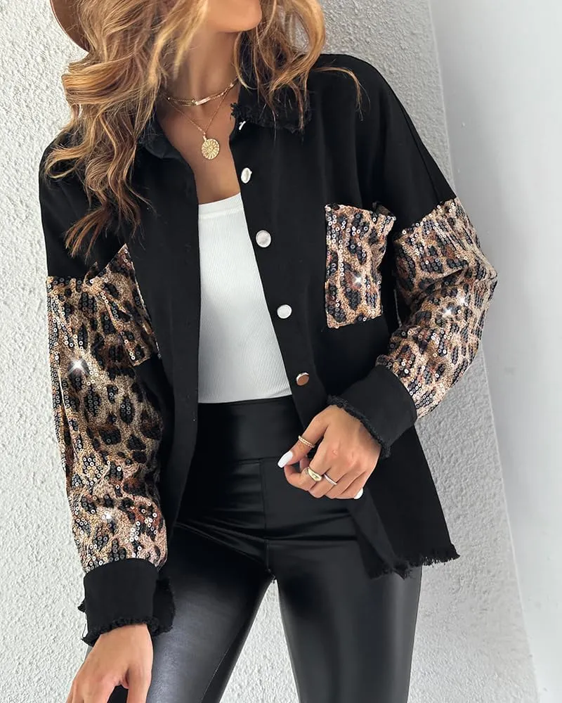 CHICME BEST SHOPPING DEALS Womens Jacket Sequin Patchwork Long Sleeve Jacket Top Button Front Oversized Denim Shacket