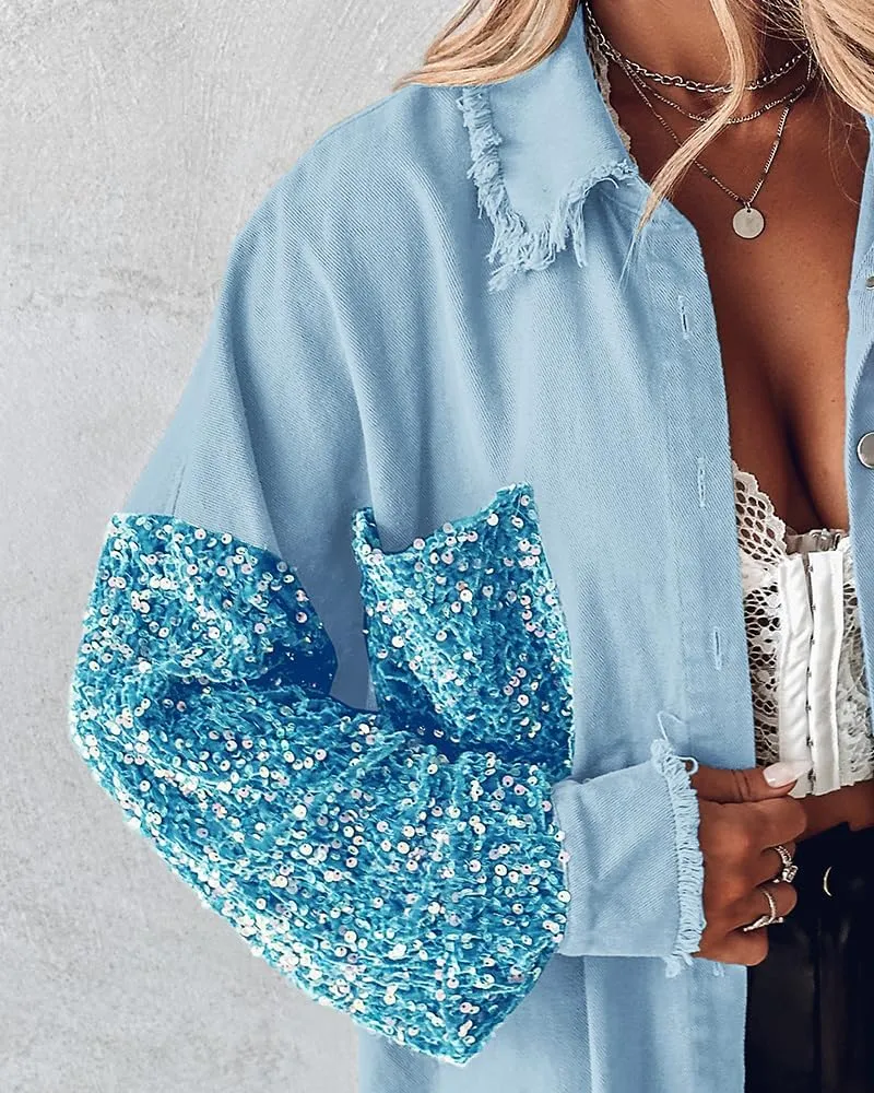 CHICME BEST SHOPPING DEALS Womens Jacket Sequin Patchwork Long Sleeve Jacket Top Button Front Oversized Denim Shacket