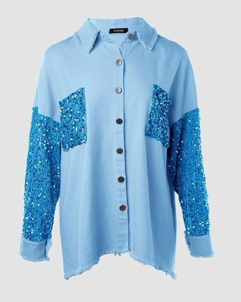 CHICME BEST SHOPPING DEALS Womens Jacket Sequin Patchwork Long Sleeve Jacket Top Button Front Oversized Denim Shacket