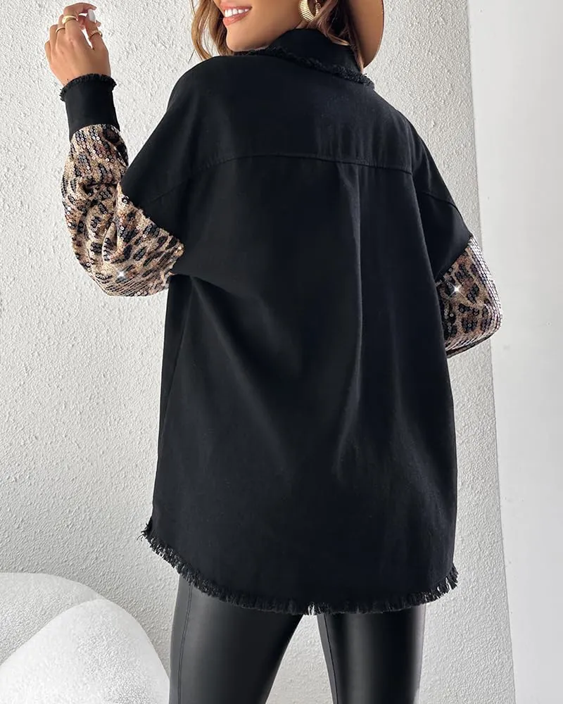 CHICME BEST SHOPPING DEALS Womens Jacket Sequin Patchwork Long Sleeve Jacket Top Button Front Oversized Denim Shacket