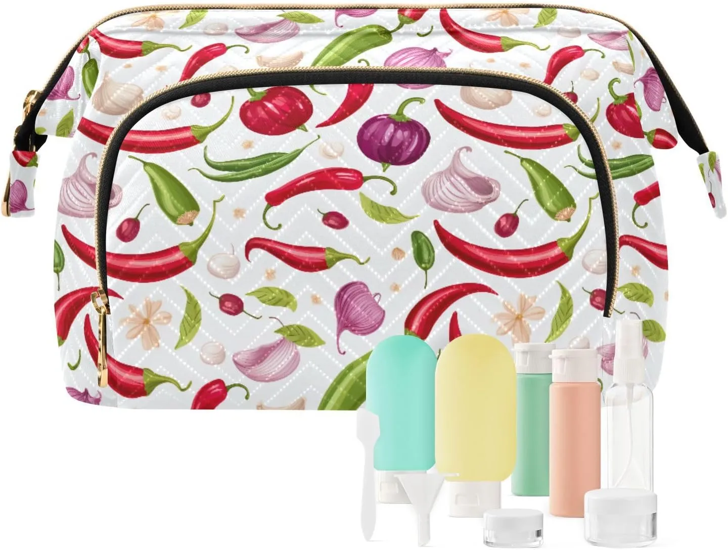 Chili Pepper Onion Makeup Bag Travel Toiletry Bag Cute Cosmetic Bag Pouch Make Up Bags Small Makeup Box Case Skincare Bag Organizer for Women Men Purse Adults Trip Sports Toiletries