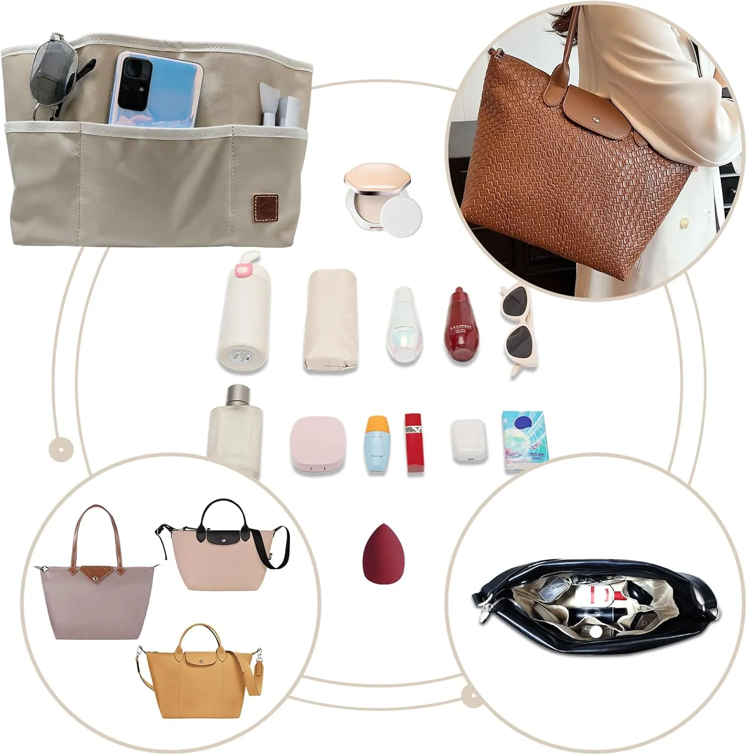 Chispee Purse Organizer Insert for Handbags Bag Organizer Waterproof Without Pilling 12 Pockets Storage Insert Bag Fits Longchamp Speedy Neverful(Fog Blue, L