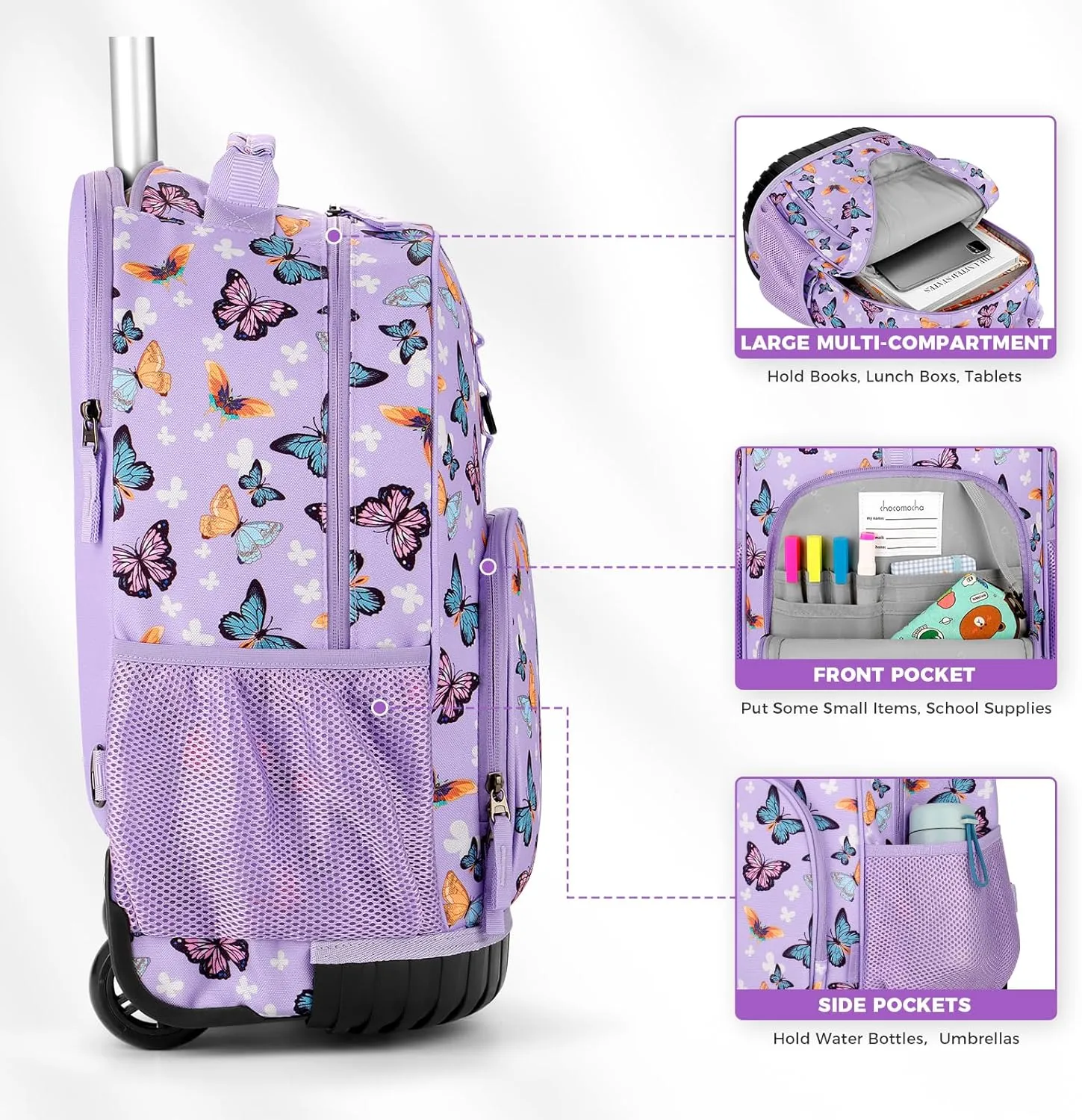 Choco Mocha Kids Rolling Backpack for Girls, 18 Inch Travel Rolling Backpack for Elementary School Bookbag with Wheels, Butterfly Roller Backpacks with Lunch Bag Set for Girls, Purple