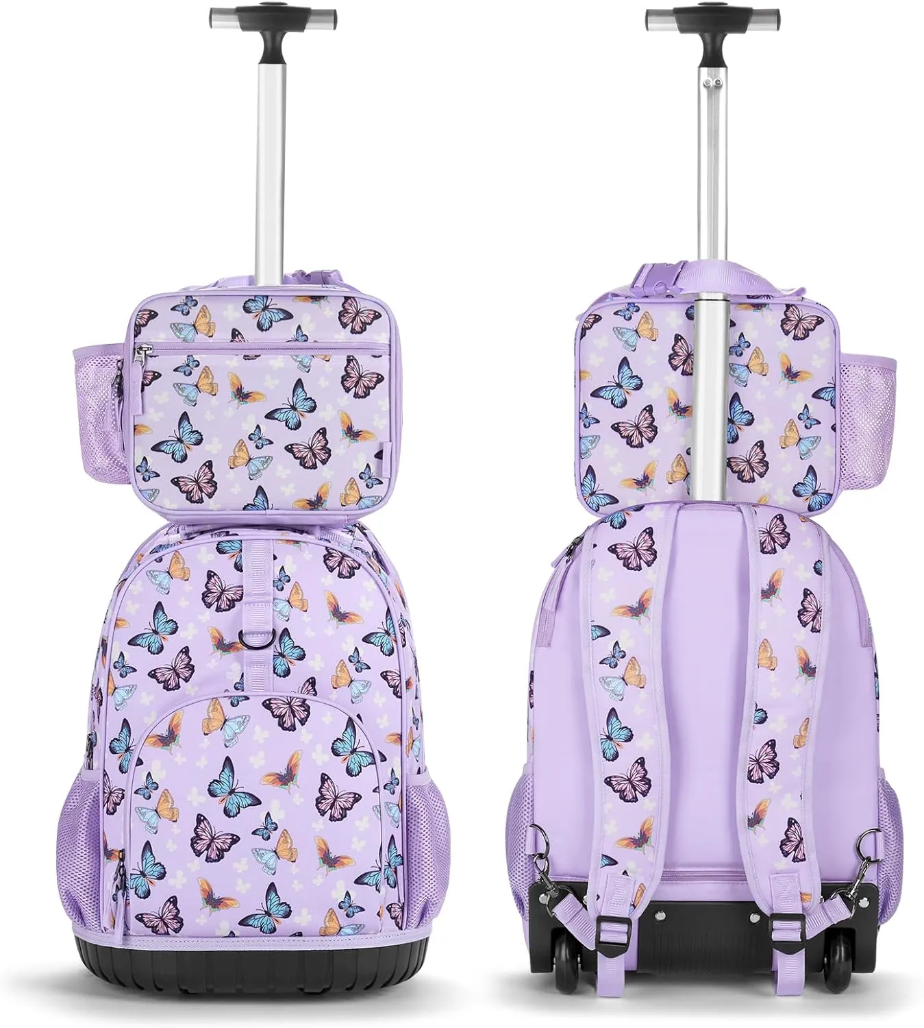 Choco Mocha Kids Rolling Backpack for Girls, 18 Inch Travel Rolling Backpack for Elementary School Bookbag with Wheels, Butterfly Roller Backpacks with Lunch Bag Set for Girls, Purple