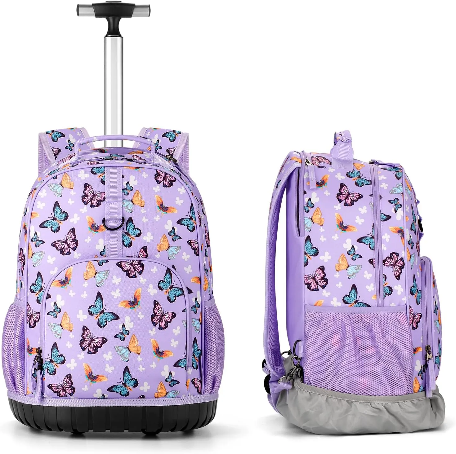 Choco Mocha Kids Rolling Backpack for Girls, 18 Inch Travel Rolling Backpack for Elementary School Bookbag with Wheels, Butterfly Roller Backpacks with Lunch Bag Set for Girls, Purple