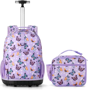 Choco Mocha Kids Rolling Backpack for Girls, 18 Inch Travel Rolling Backpack for Elementary School Bookbag with Wheels, Butterfly Roller Backpacks with Lunch Bag Set for Girls, Purple