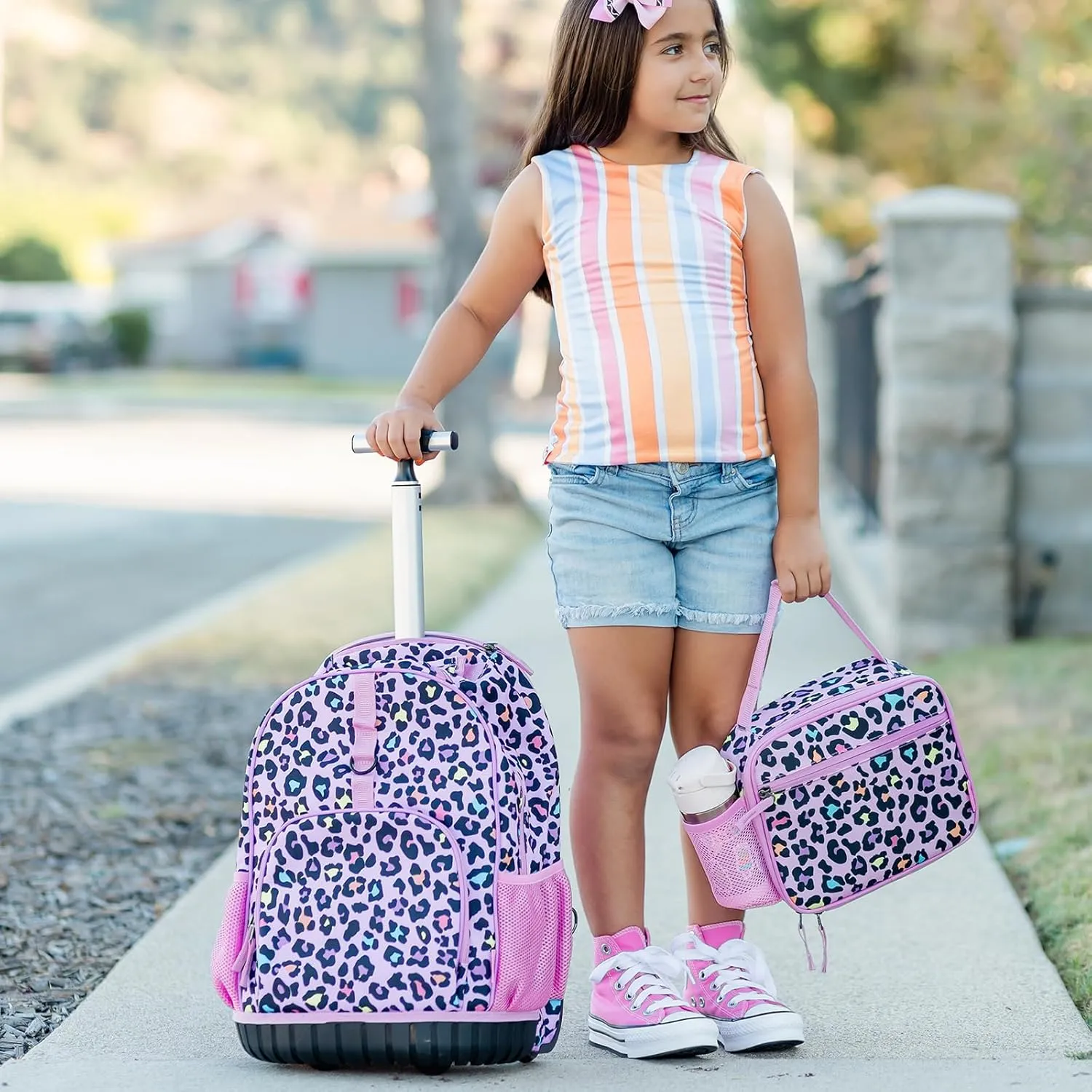 Choco Mocha Kids Rolling Backpack for Girls, 18 Inch Travel Rolling Backpack for Elementary School Bookbag with Wheels, Butterfly Roller Backpacks with Lunch Bag Set for Girls, Purple