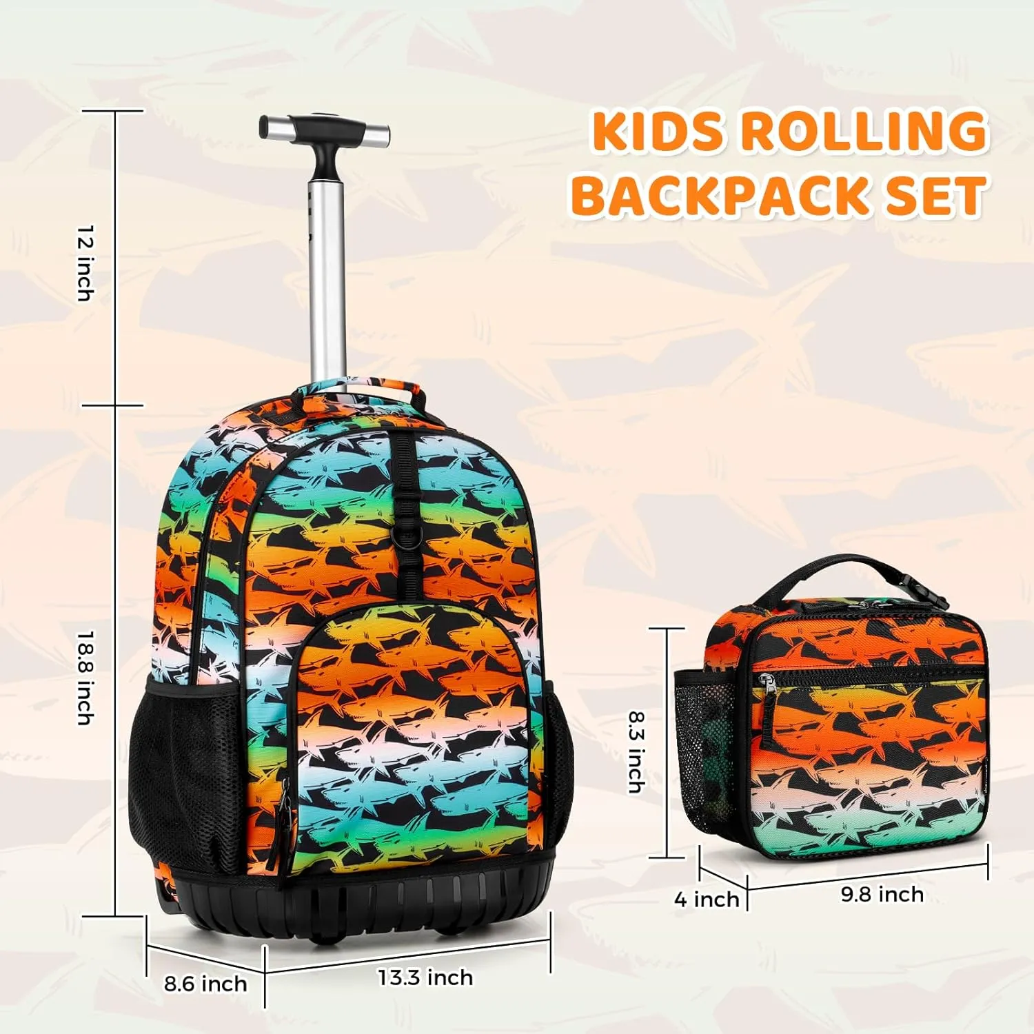 Choco Mocha Rolling Backpack Boys, 18 Inch Rolling Backpack for Elementary School Bookbag with Wheels, Roller Backpacks with Lunch Bag Set for Boys, Shark Gradient