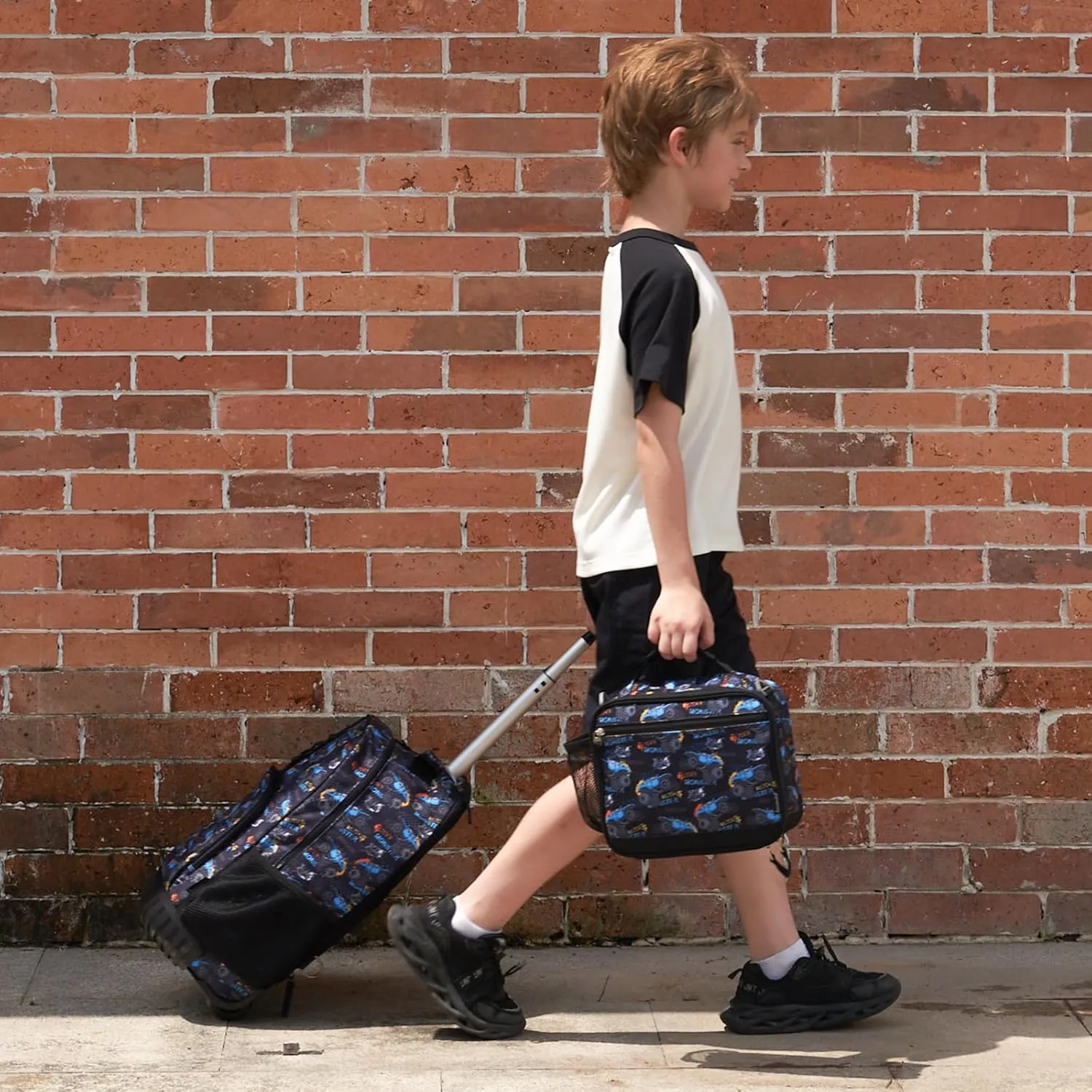 Choco Mocha Rolling Backpack Boys, 18 Inch Rolling Backpack for Elementary School Bookbag with Wheels, Roller Backpacks with Lunch Bag Set for Boys, Shark Gradient