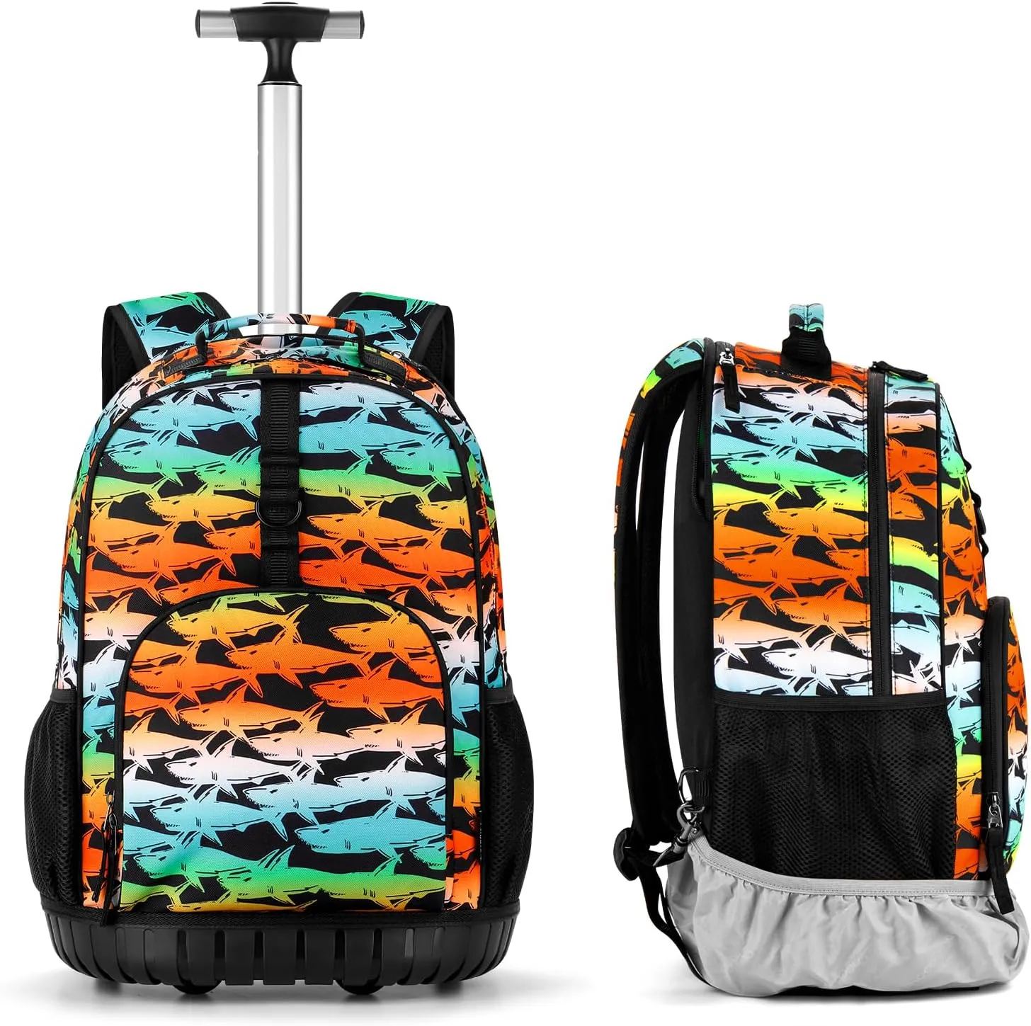 Choco Mocha Rolling Backpack Boys, 18 Inch Rolling Backpack for Elementary School Bookbag with Wheels, Roller Backpacks with Lunch Bag Set for Boys, Shark Gradient