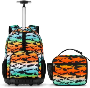 Choco Mocha Rolling Backpack Boys, 18 Inch Rolling Backpack for Elementary School Bookbag with Wheels, Roller Backpacks with Lunch Bag Set for Boys, Shark Gradient