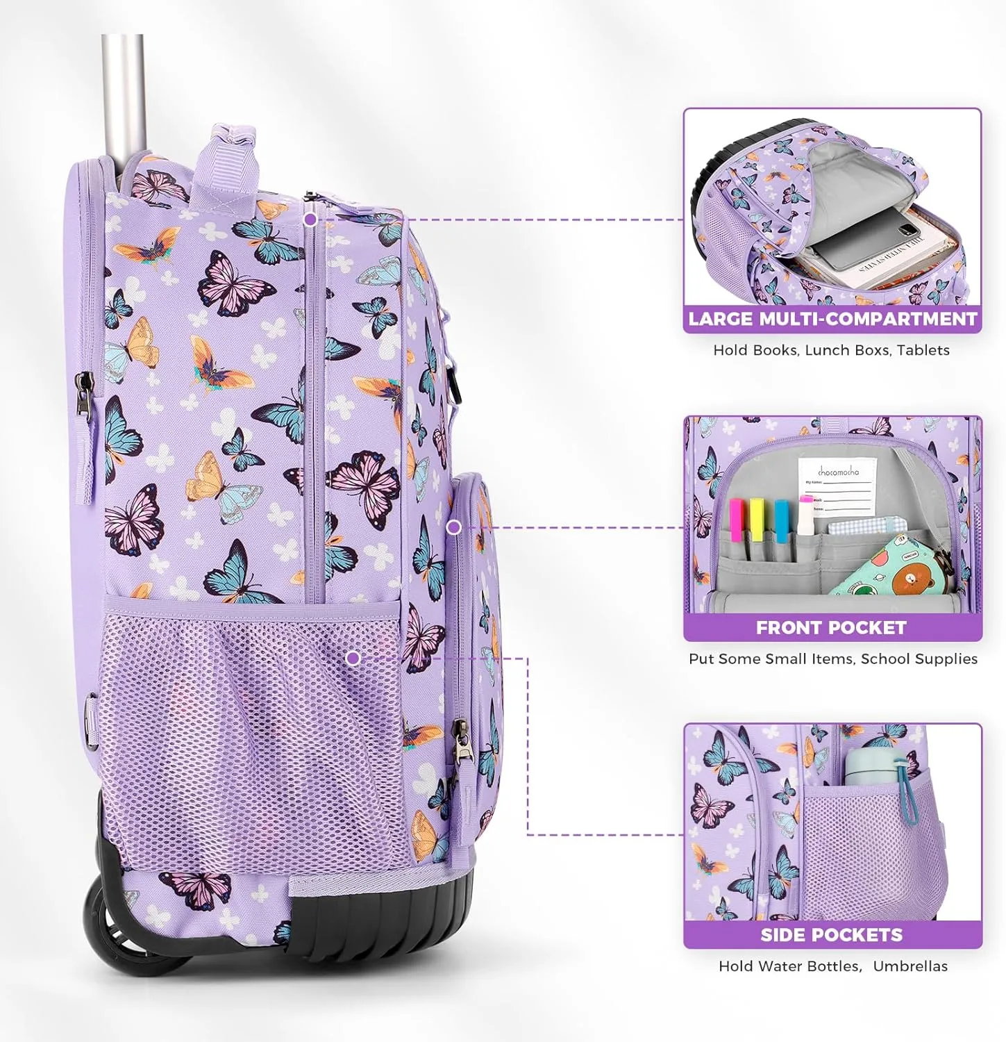Choco Mocha Rolling Backpack Boys, 18 Inch Rolling Backpack for Elementary School Bookbag with Wheels, Roller Backpacks with Lunch Bag Set for Boys, Shark Gradient