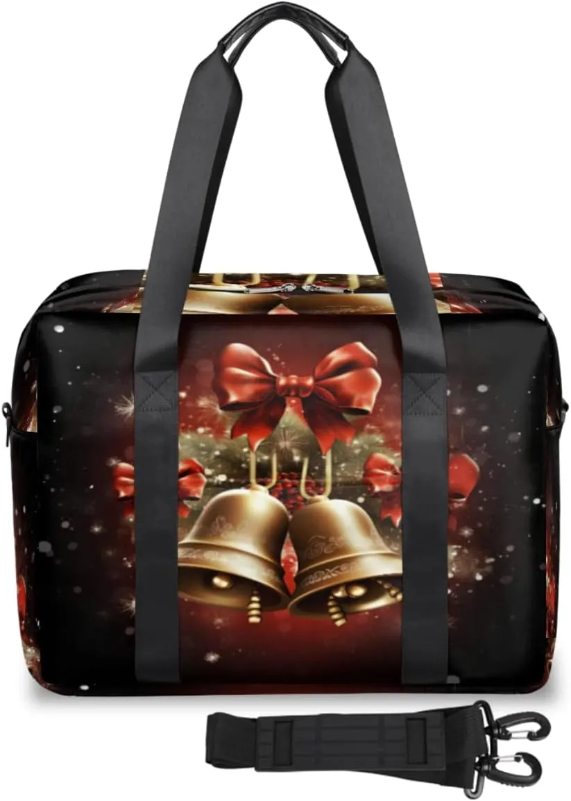 Christmas Bells Ribbon Womens Travel Bags, Weekender Carry on for Women, Sports Gym Bag, Workout Duffel bag, Overnight Shoulder Bag