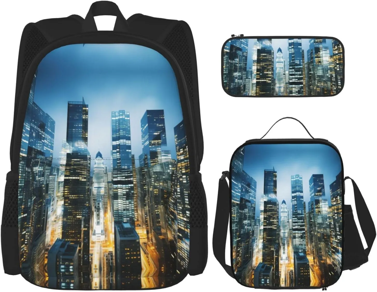 City Night Balcony Skyscrapers Print Aesthetic Travel Backpack For Women 3-Piece Set,For Daily Use And Outdoor Activities