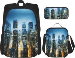 City Night Balcony Skyscrapers Print Aesthetic Travel Backpack For Women 3-Piece Set,For Daily Use And Outdoor Activities