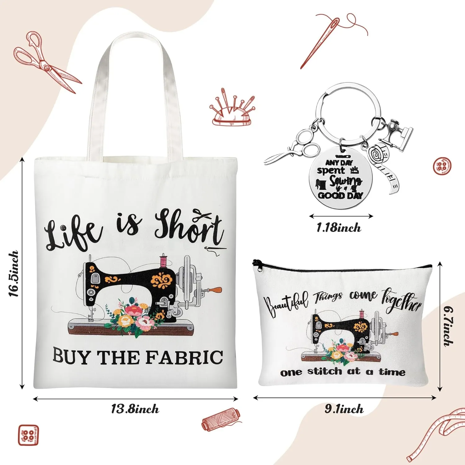 CJiangpo 3Pcs Sewing Tote Bag Canvas Bag with Keychain, Funny Quilting Gifts for Seamstress Women Mom, Sewing Cosmetic Bag Organizer Makeup Pouch Mother's Day Birthday Gift
