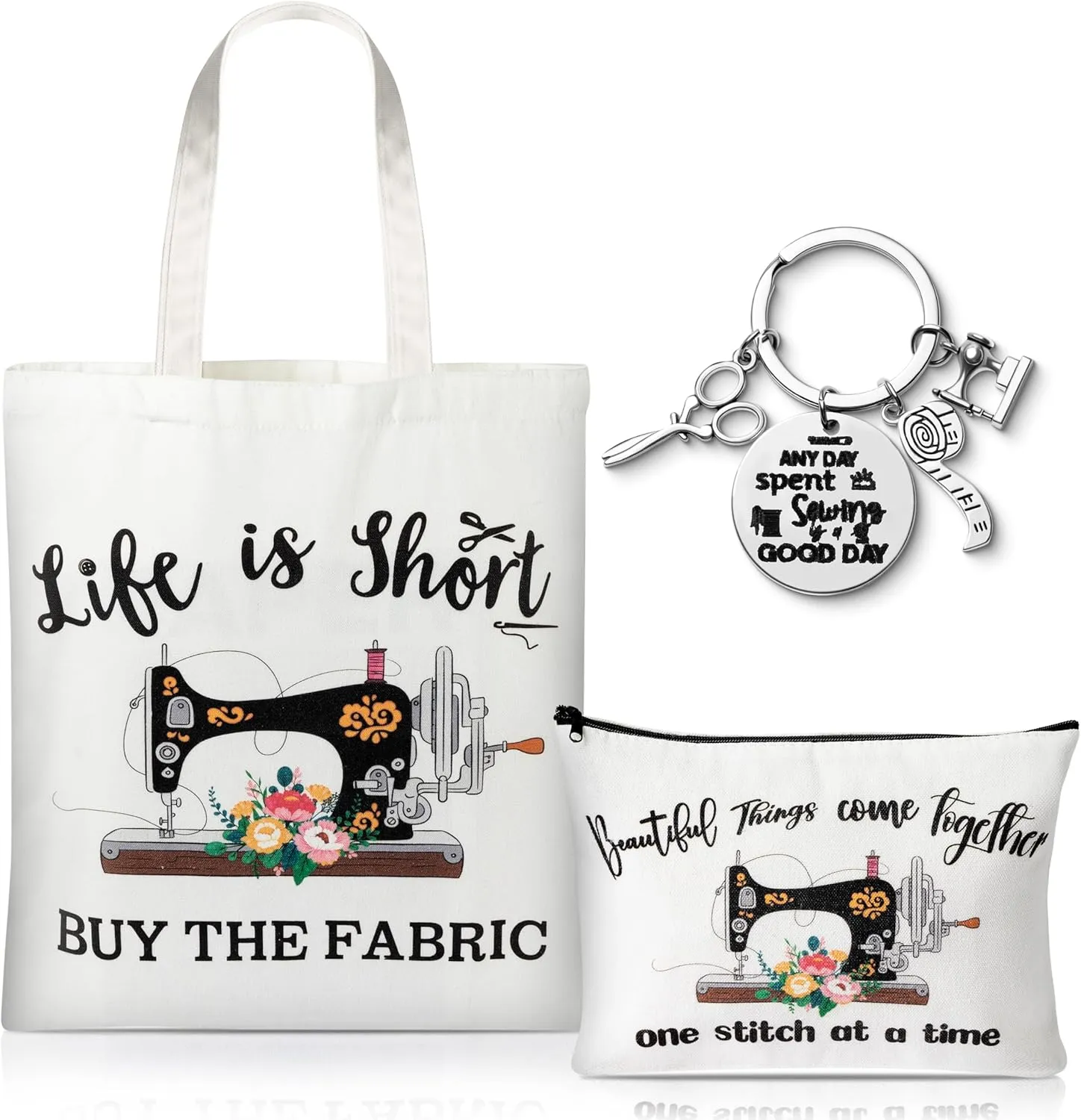 CJiangpo 3Pcs Sewing Tote Bag Canvas Bag with Keychain, Funny Quilting Gifts for Seamstress Women Mom, Sewing Cosmetic Bag Organizer Makeup Pouch Mother's Day Birthday Gift