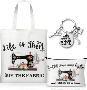 CJiangpo 3Pcs Sewing Tote Bag Canvas Bag with Keychain, Funny Quilting Gifts for Seamstress Women Mom, Sewing Cosmetic Bag Organizer Makeup Pouch Mother's Day Birthday Gift