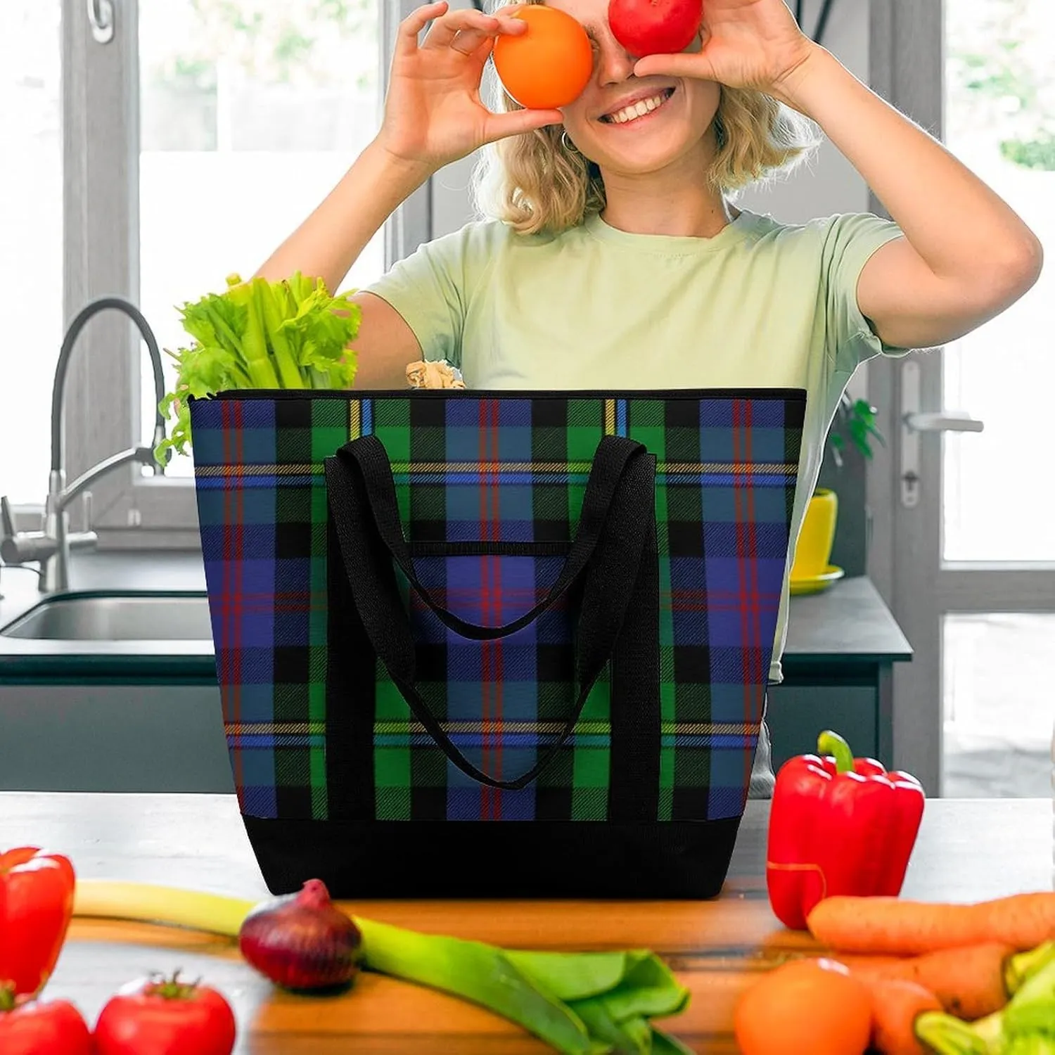 Clan Tartan Blue And Green Fashionable Large Capacity Insulated Shopping Bag
