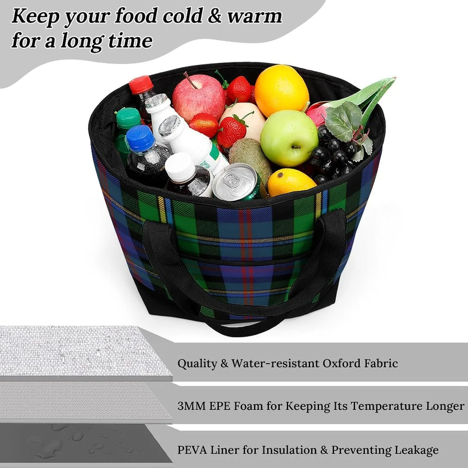 Clan Tartan Blue And Green Fashionable Large Capacity Insulated Shopping Bag