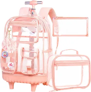 Clear Backpack Rolling Backpack for Girls,Transparent Bookbag Heavy Duty PVC See Through School Bags with Wheels for Teens Women Elementary Travel - Pink