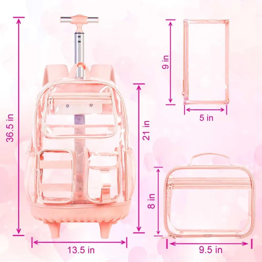 Clear Backpack Rolling Backpack for Girls,Transparent Bookbag Heavy Duty PVC See Through School Bags with Wheels for Teens Women Elementary Travel - Pink