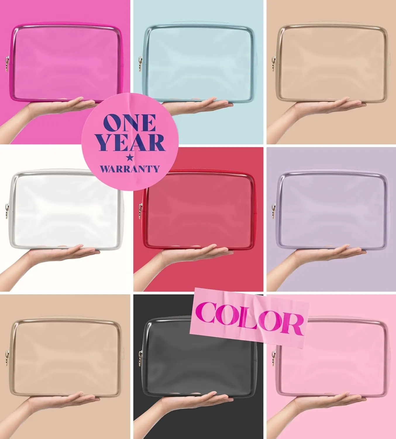 Clear Makeup Bag Zipper Pouch, Transparent Cosmetic Case Organizer, TSA Approved Travel Toiletry Case, Travel Accessories Essentials Makeup Tote for Women, Large Cute Make up Bag for Purse - Black