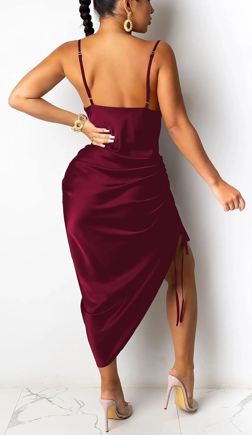 Club Dress Sexy Dress for Women Wedding Party Birthday Cocktail Spaghetti Strap Satin Side Ruched Midi Mini Dress