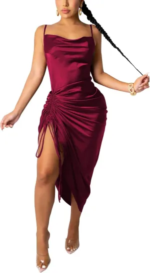 Club Dress Sexy Dress for Women Wedding Party Birthday Cocktail Spaghetti Strap Satin Side Ruched Midi Mini Dress