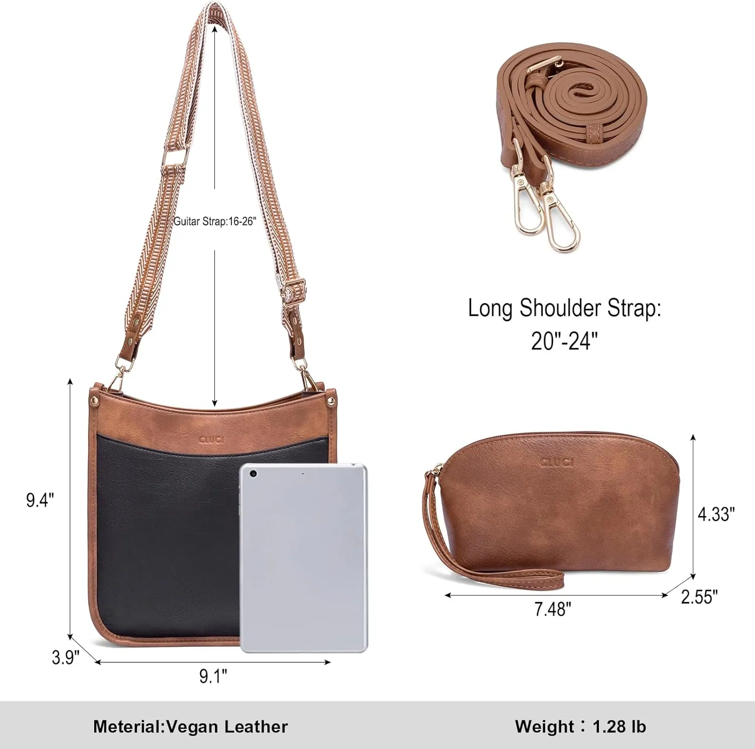 CLUCI Purses for Women, Vegen Leather Crossbody Bags for Woman Trendy, 2PCS Hobo Handbag with 2 Adjustable Guitar Strap